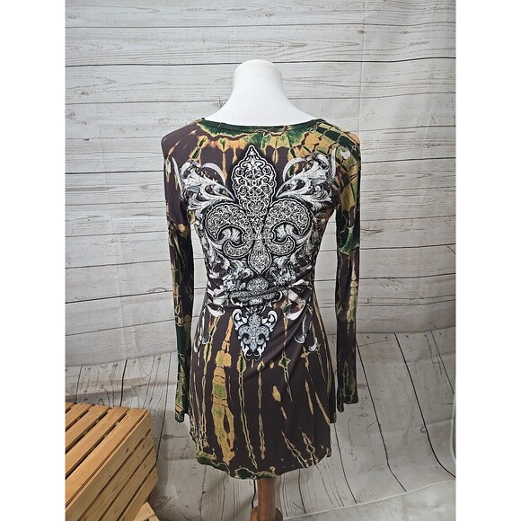 Vocal Women's Size Small Embellished Fleur-De-Lis Rhinestone Long Sleeve Tunic - Picture 2 of 8